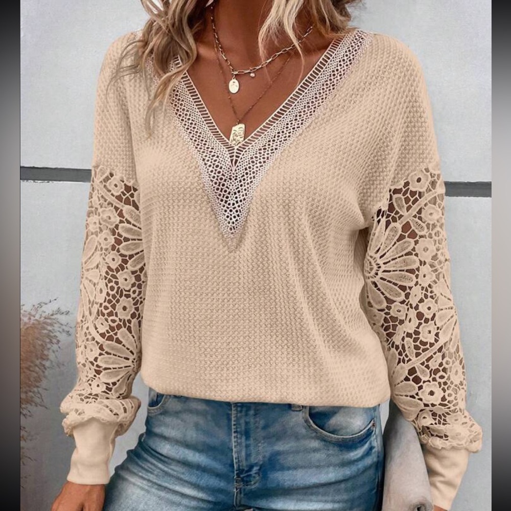 Classic Elegant Sheer Mesh Lace Waffle Knit Long Sleeve Top Shirt - Picture 4 of 11